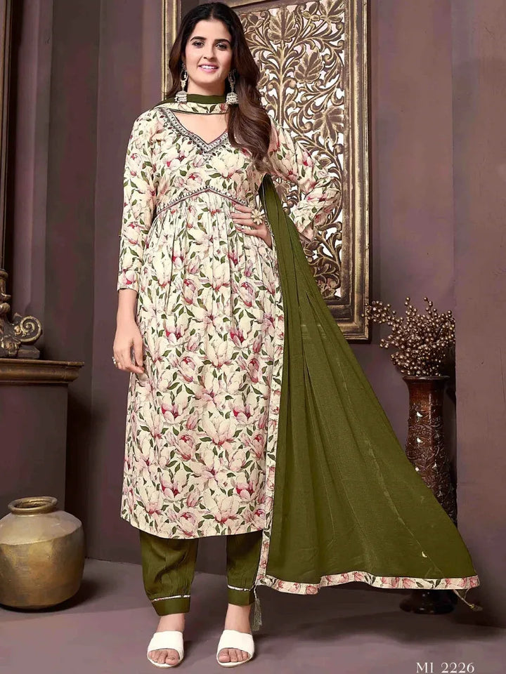 Floral Printed Handwork Cream Rayon Straight Kurti Set