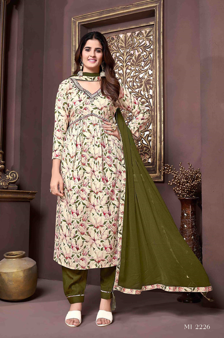 Floral Printed Cream Rayon Straight Pant Suit | Handwork V-Neck Kurti