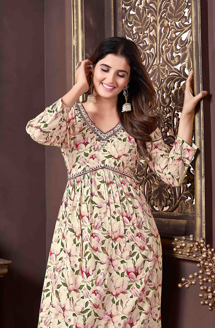 Floral Printed Cream Rayon Straight Pant Suit | Handwork V-Neck Kurti