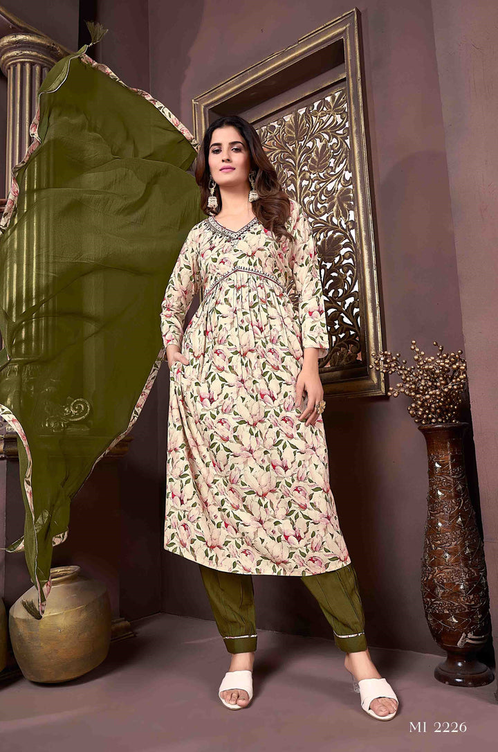 Floral Printed Cream Rayon Straight Pant Suit | Handwork V-Neck Kurti