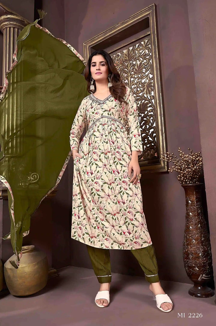 Floral Printed Handwork Cream Rayon Straight Kurti Set