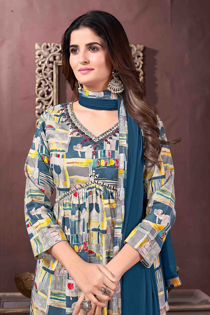 Sophisticated Grey Rayon Straight Pant Suit | Handwork and Printed Elegance