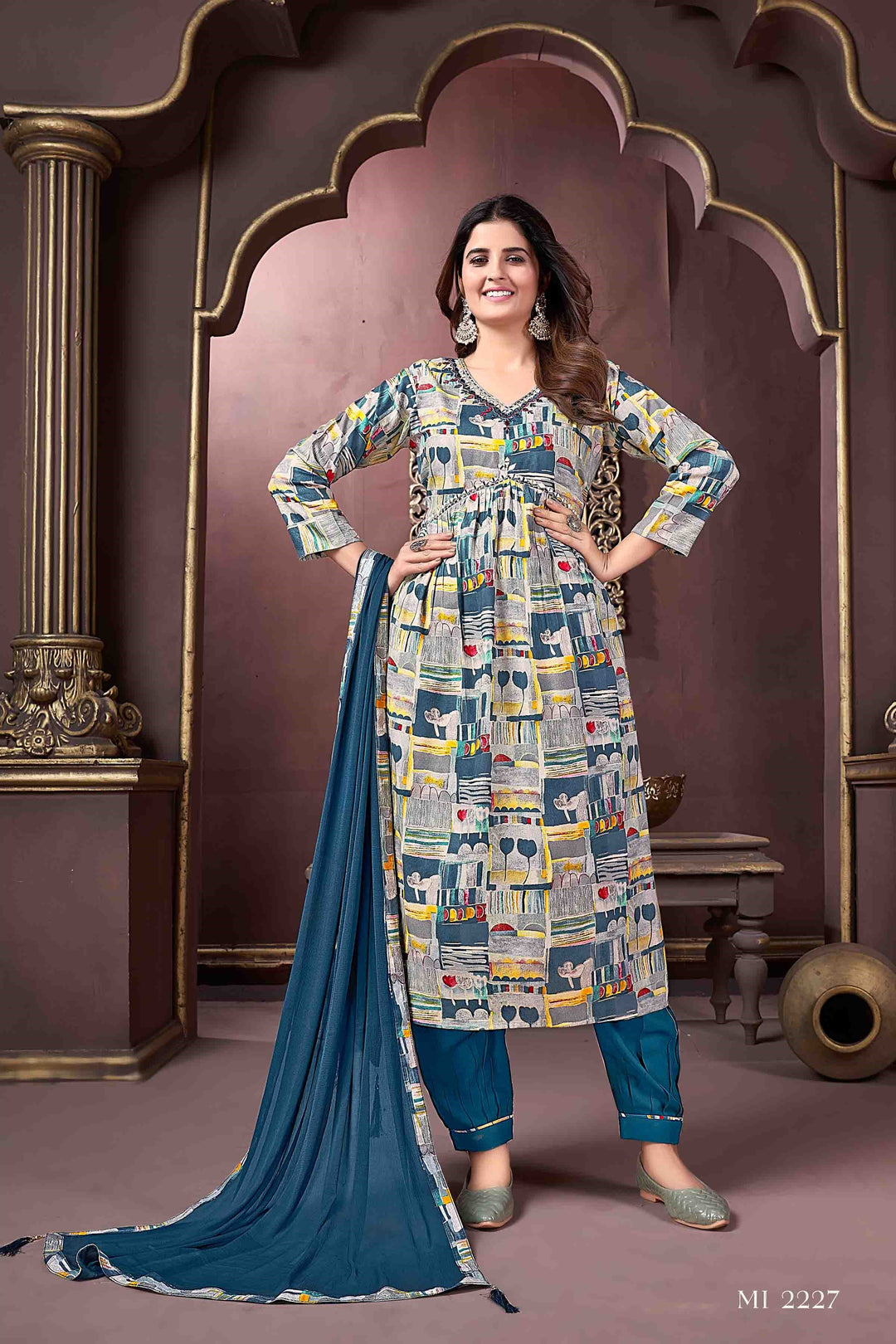 Sophisticated Grey Rayon Straight Pant Suit | Handwork and Printed Elegance