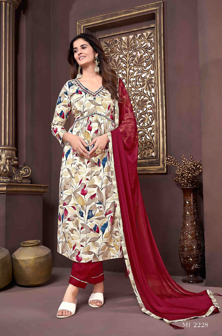 Elegant Floral Print Cream Rayon Pant Suit | Handwork Detailing on V-neck
