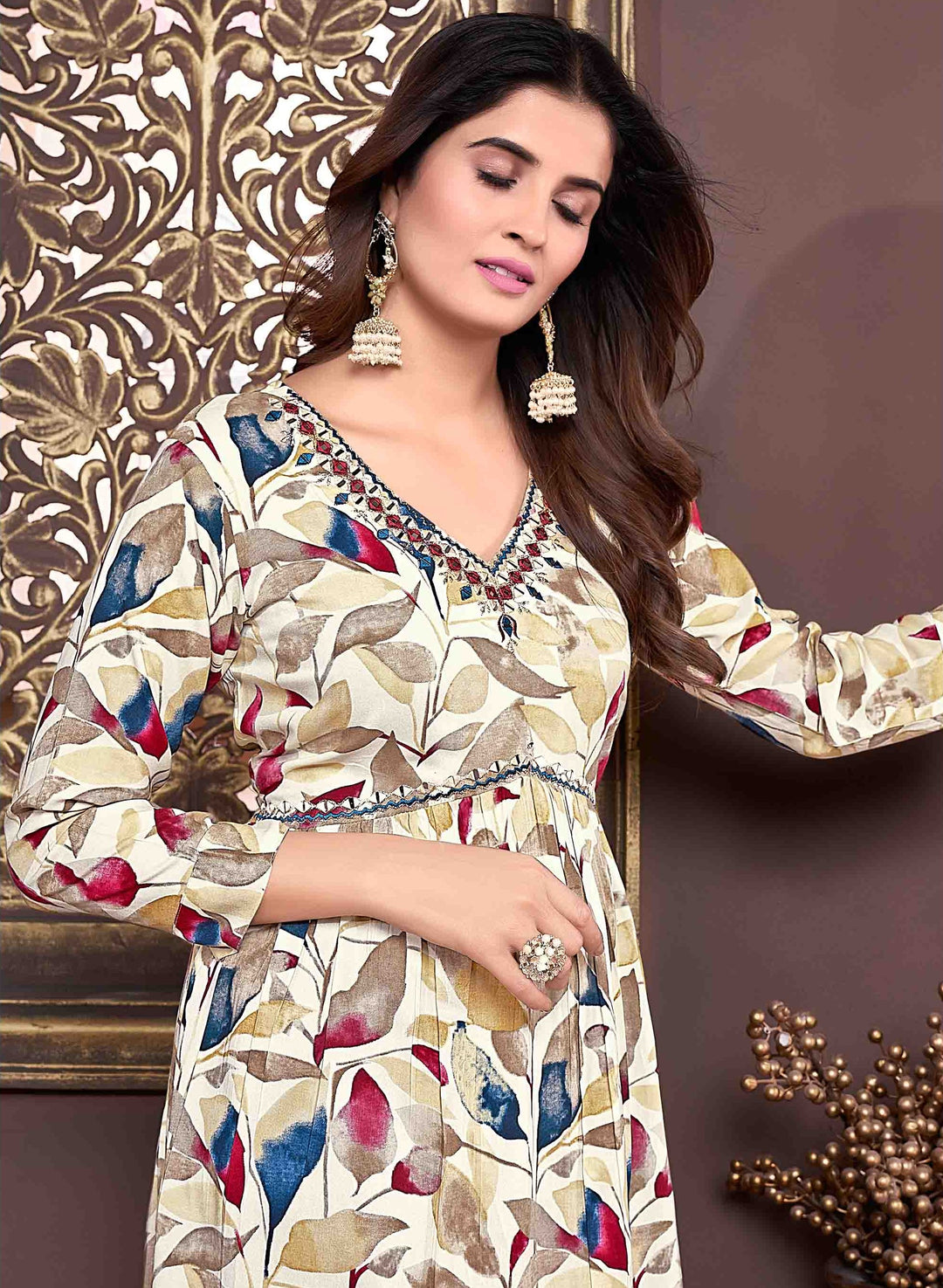 Elegant Floral Print Cream Rayon Pant Suit | Handwork Detailing on V-neck