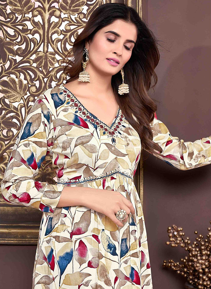 Elegant Floral Print Cream Rayon Pant Suit | Handwork Detailing on V-neck