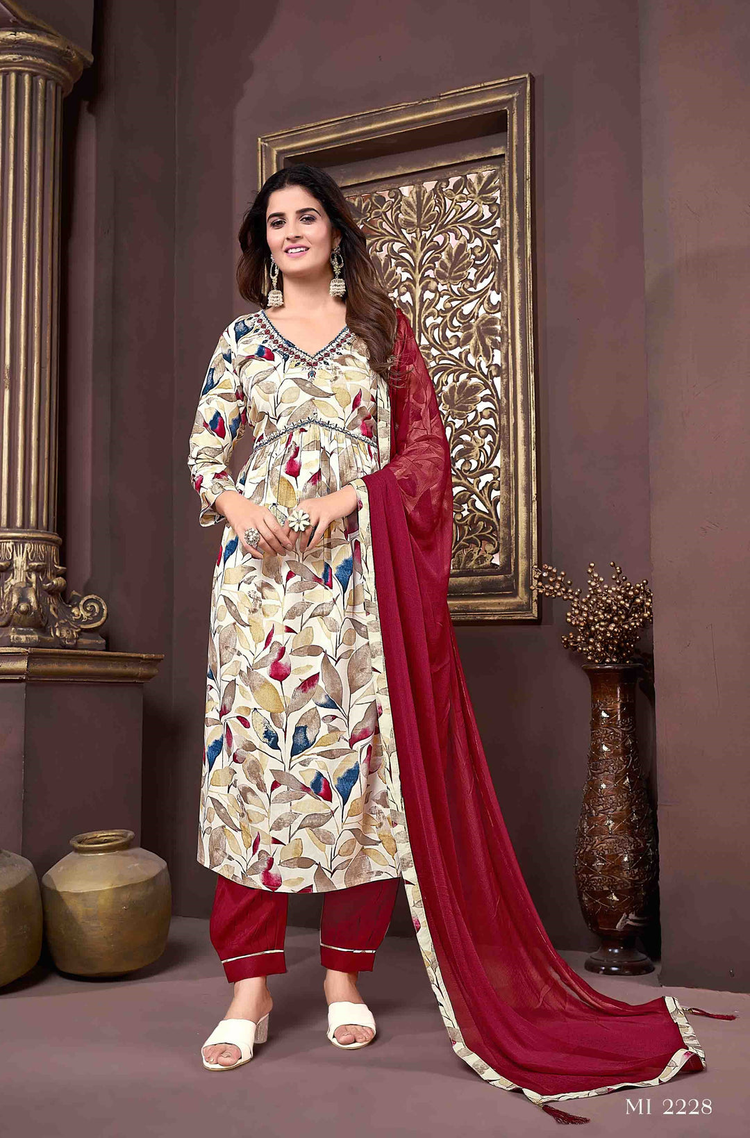 Elegant Floral Print Cream Rayon Pant Suit | Handwork Detailing on V-neck