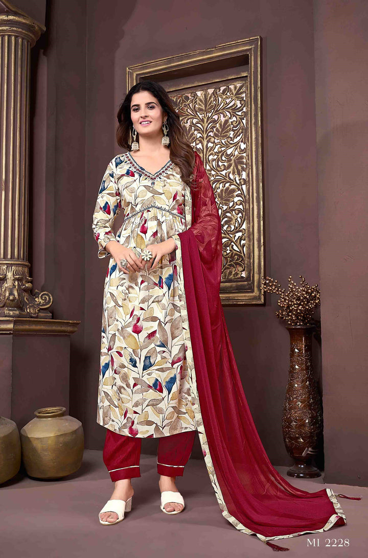 Elegant Floral Print Cream Rayon Pant Suit | Handwork Detailing on V-neck
