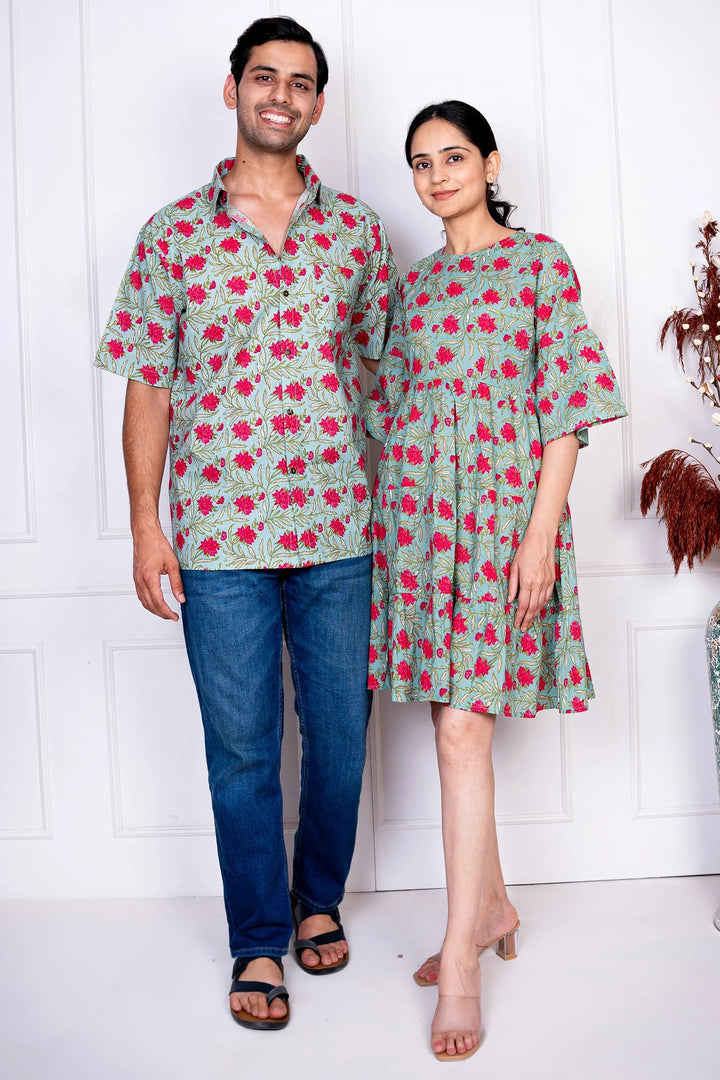 Green & Red Tiered Dress With Matching Shirt Family set
