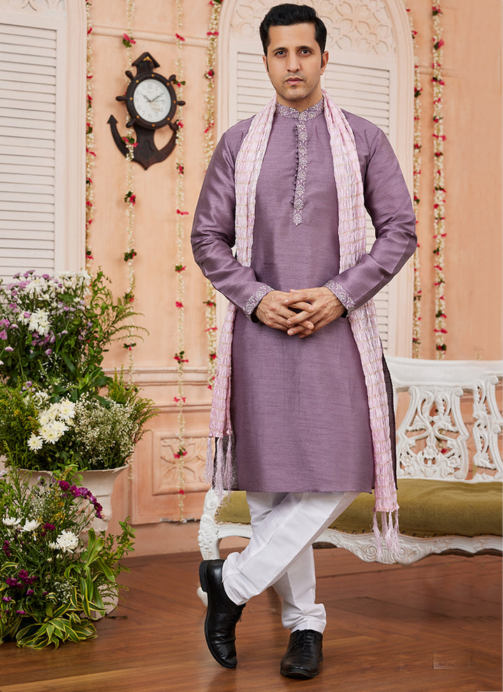 Light Purple Kurta Pajama | Art Silk Fabric Readymade Festival Outfit