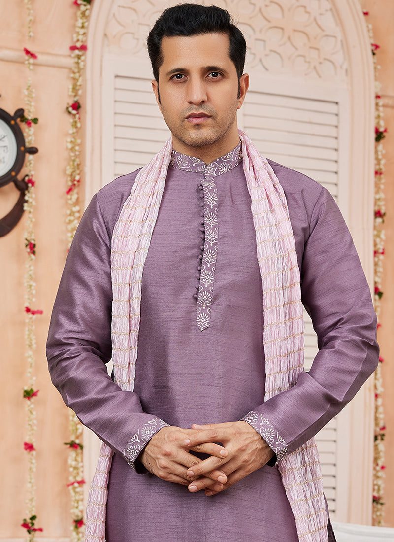 Light Purple Kurta Pajama | Art Silk Fabric Readymade Festival Outfit