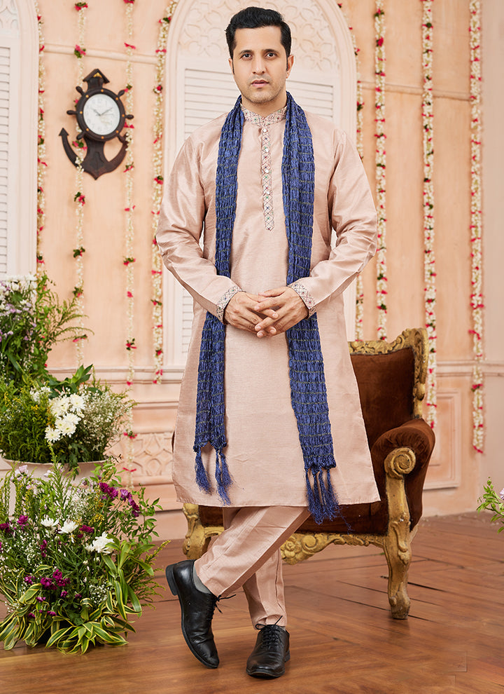 Art Silk Peach Kurta Pajama Festival Wear | Plain & Elegant Ethnic Attire