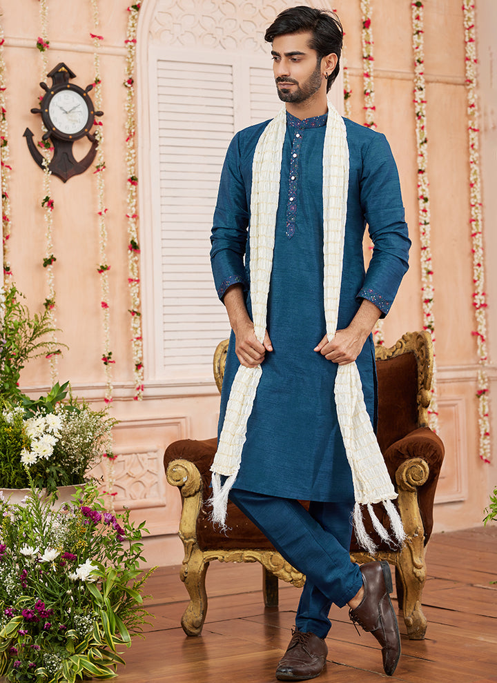 Art Silk Dark Teal Blue Kurta Pajama | Plain & Stylish Festival Wear