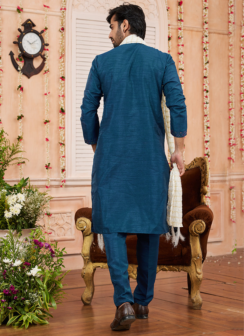 Art Silk Dark Teal Blue Kurta Pajama | Plain & Stylish Festival Wear