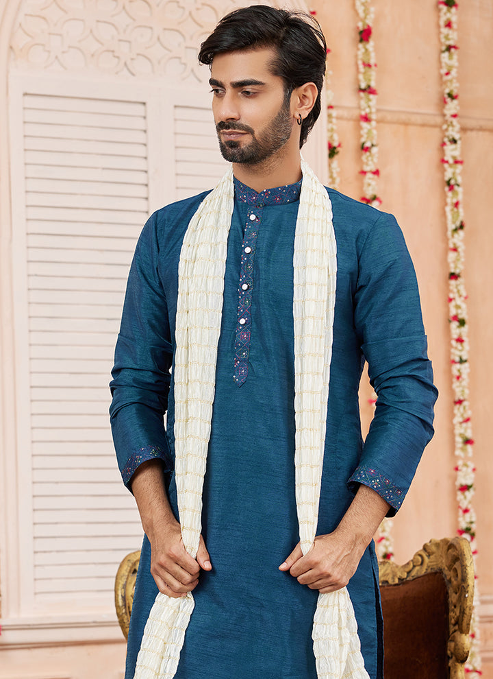 Art Silk Dark Teal Blue Kurta Pajama | Plain & Stylish Festival Wear