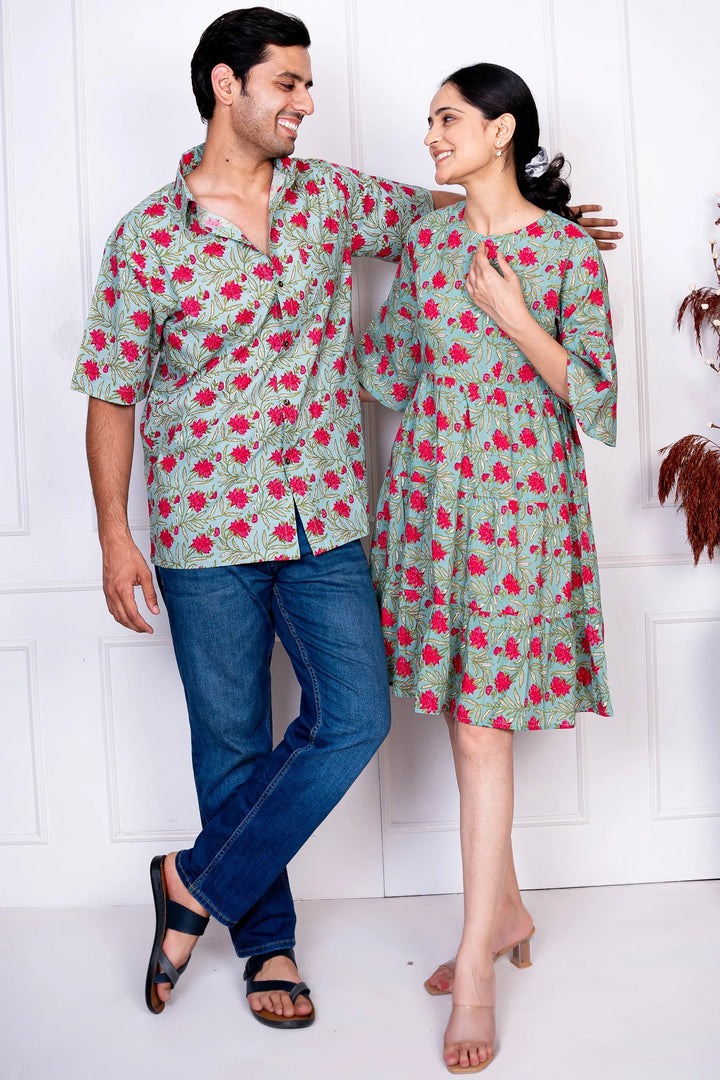 Green & Red Tiered Dress With Matching Shirt Couple Twin Set