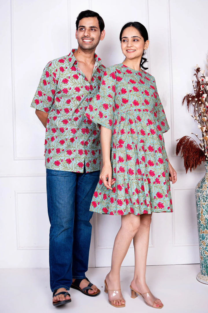 Green & Red Tiered Dress With Matching Shirt Couple Twin Set