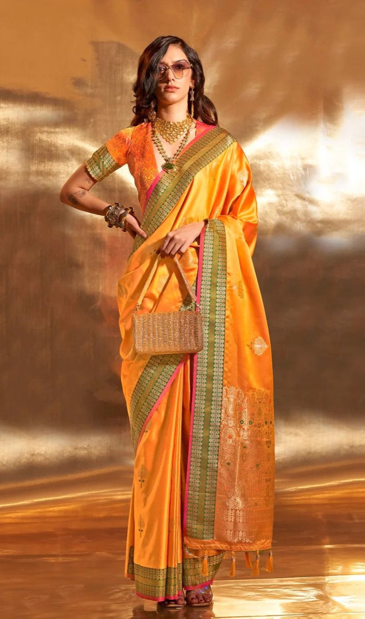 Timeless Pure Satin Saree | Gold Zari Buta & Ethnic Border for Weddings
