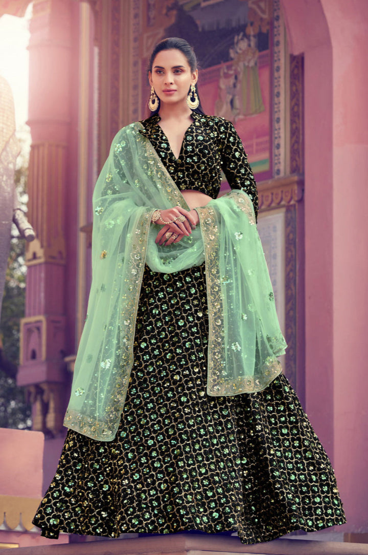 Trendy Black & Green Lehenga Choli | Sequins Party Wear Lehenga Set