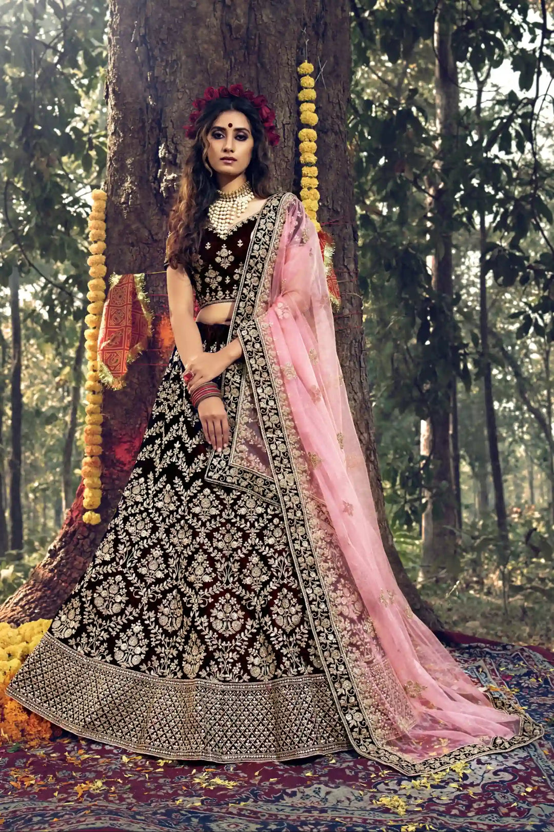 Dark Maroon Velvet Bridal Lehenga | Stone Work with Soft Net Dupatta