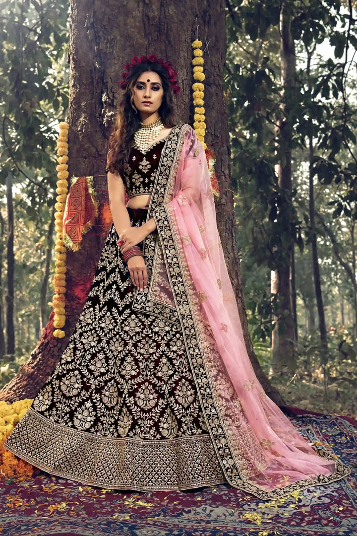 Dark Maroon Velvet Bridal Lehenga | Stone Work with Soft Net Dupatta