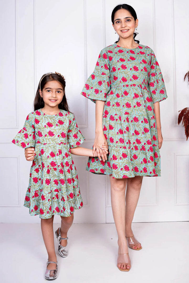 Mommy and Me Green & Red Tiered Dress Set