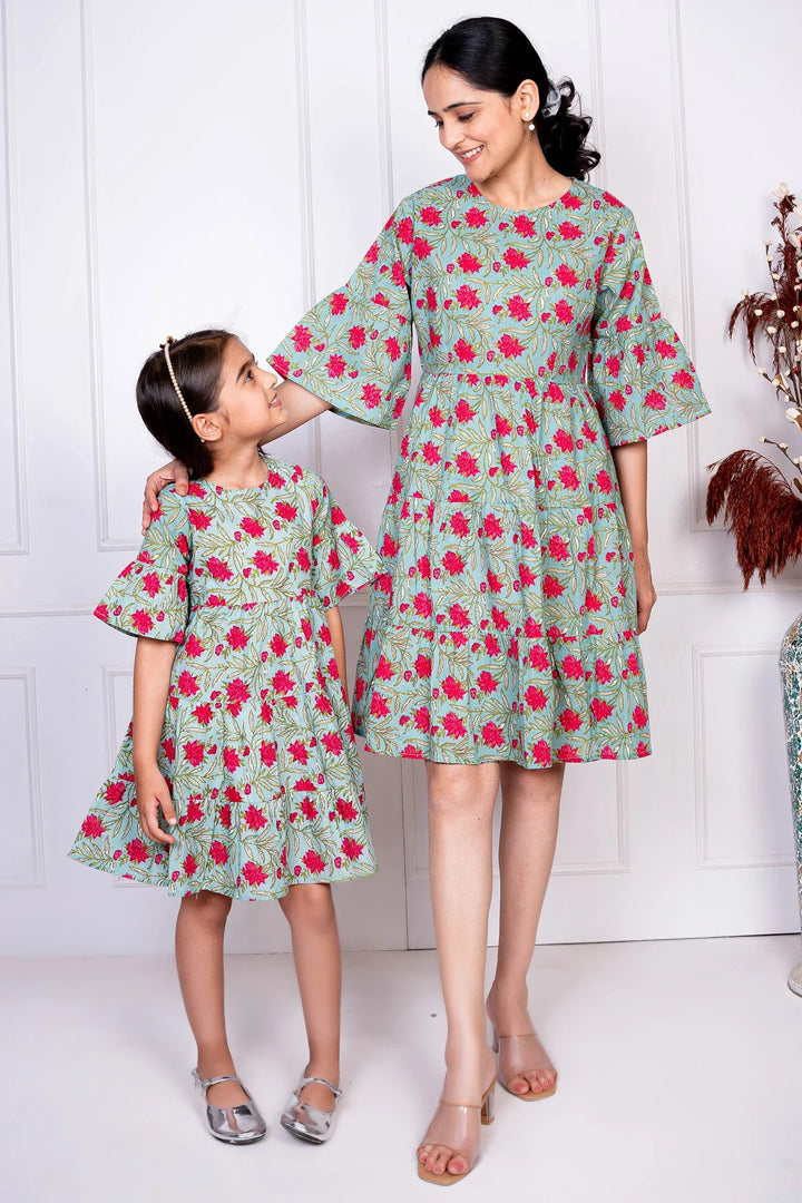Mommy and Me Green & Red Tiered Dress Set