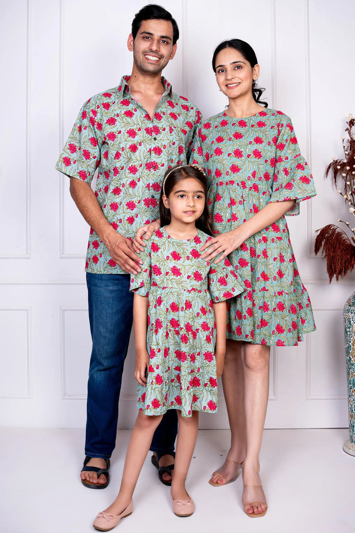 Green & Red Tiered Dress With Matching Shirt Family set
