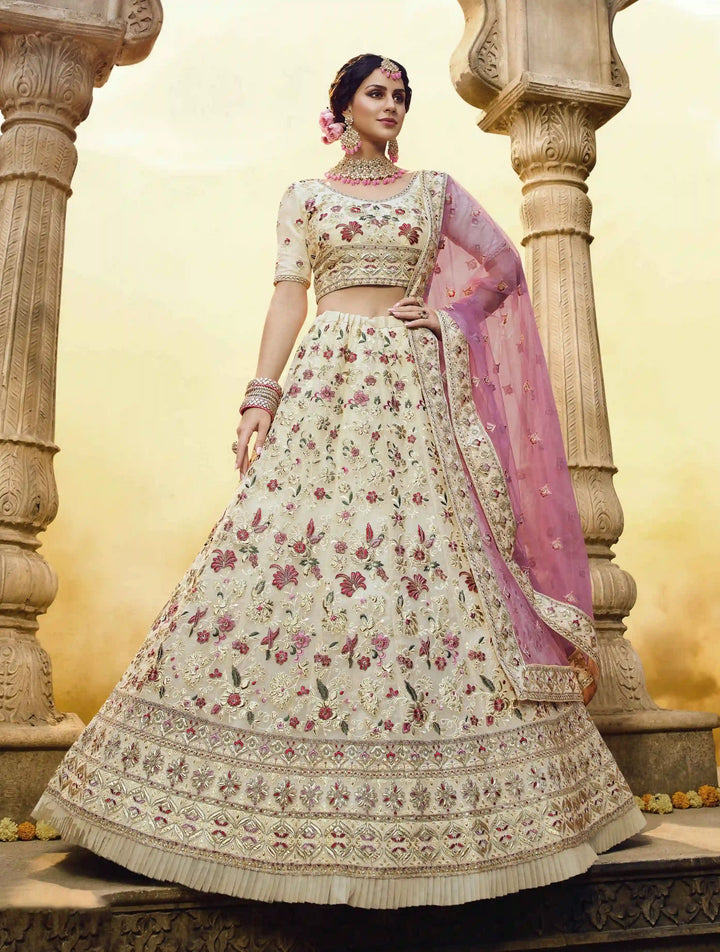 Off-White and Pink Bridal Lehenga | A-Line Design with Zari and Stone Work