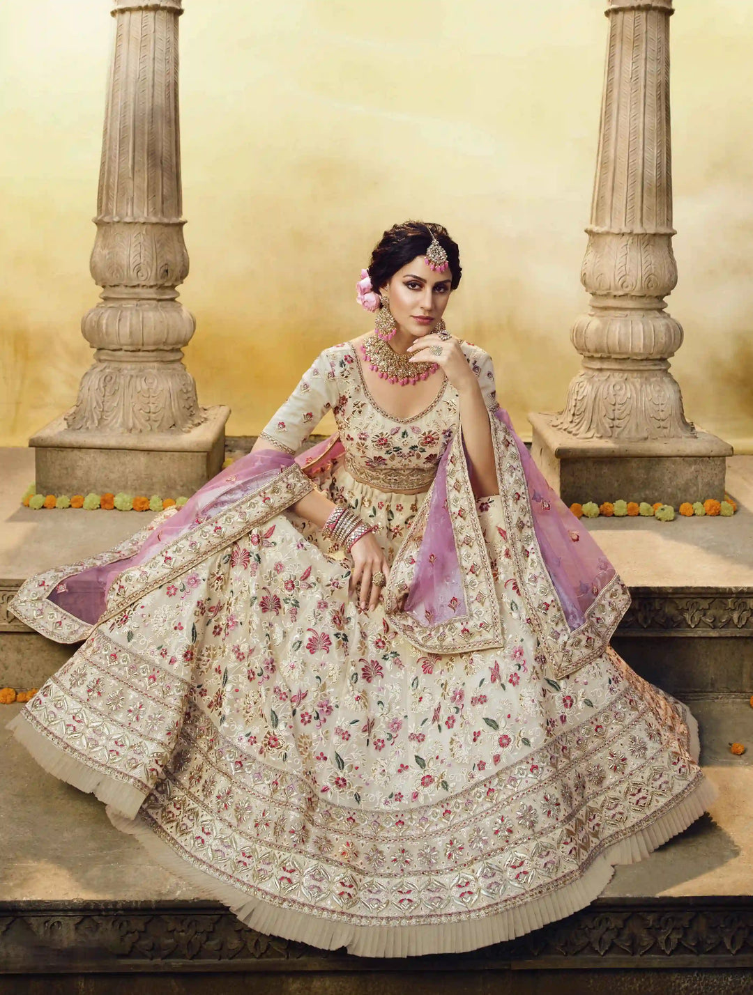 Off-White and Pink Bridal Lehenga | A-Line Design with Zari and Stone Work