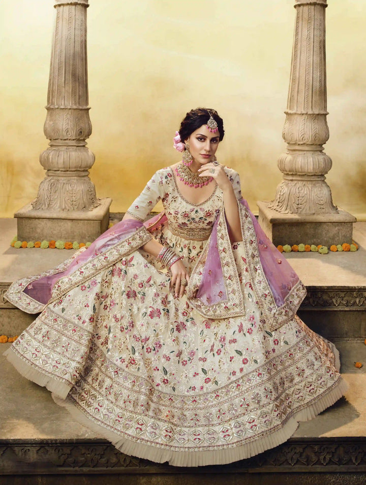 Off-White and Pink Bridal Lehenga | A-Line Design with Zari and Stone Work