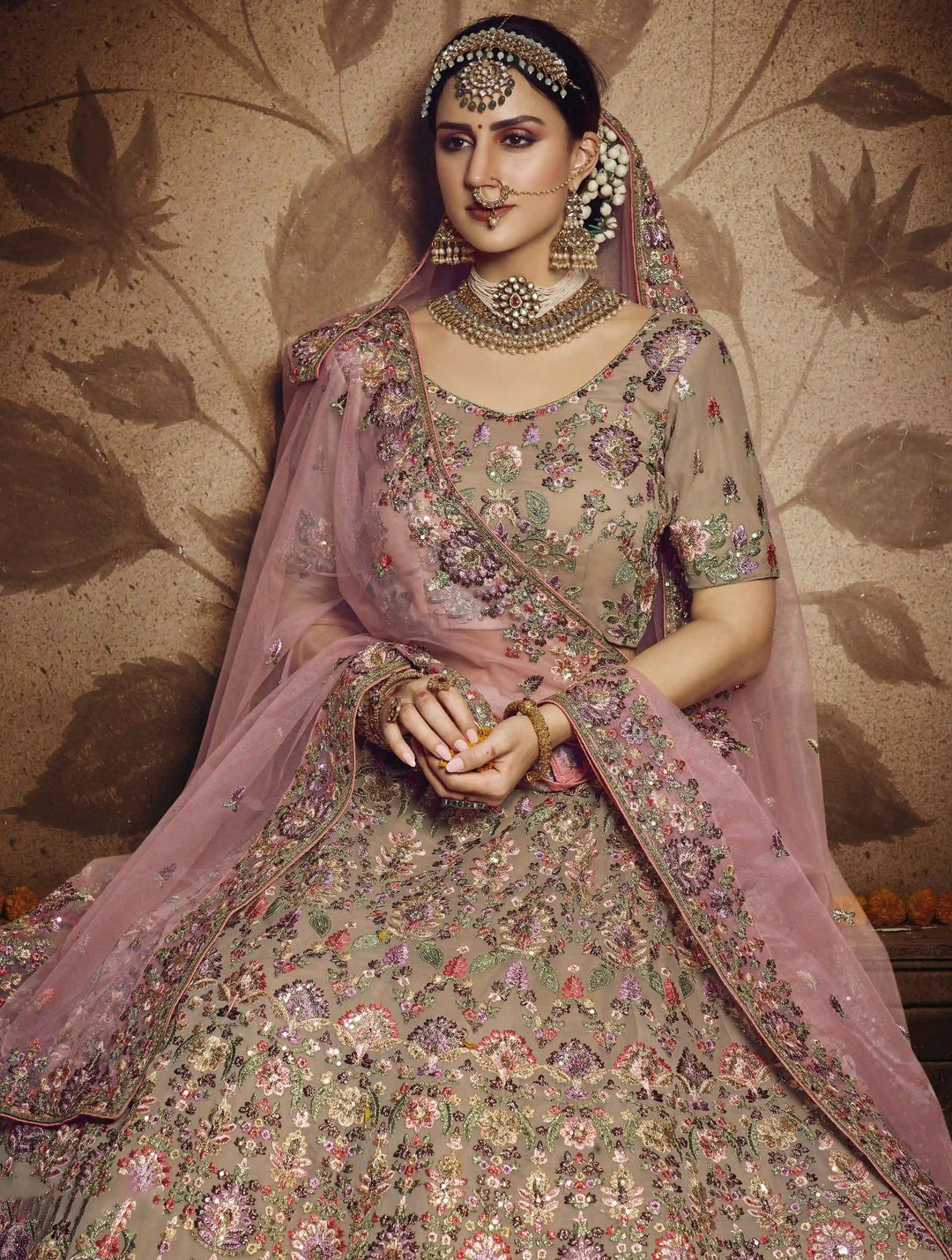 Shaadi Special Light Brown Georgette Lehenga | Embroidered with Pink Dupatta