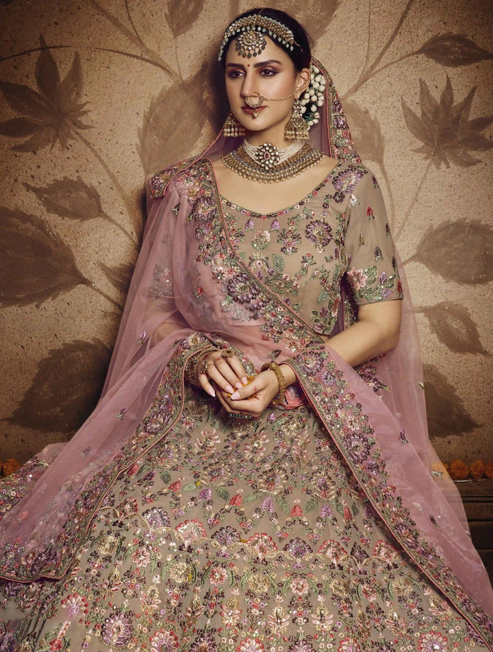 Shaadi Special Light Brown Georgette Lehenga | Embroidered with Pink Dupatta