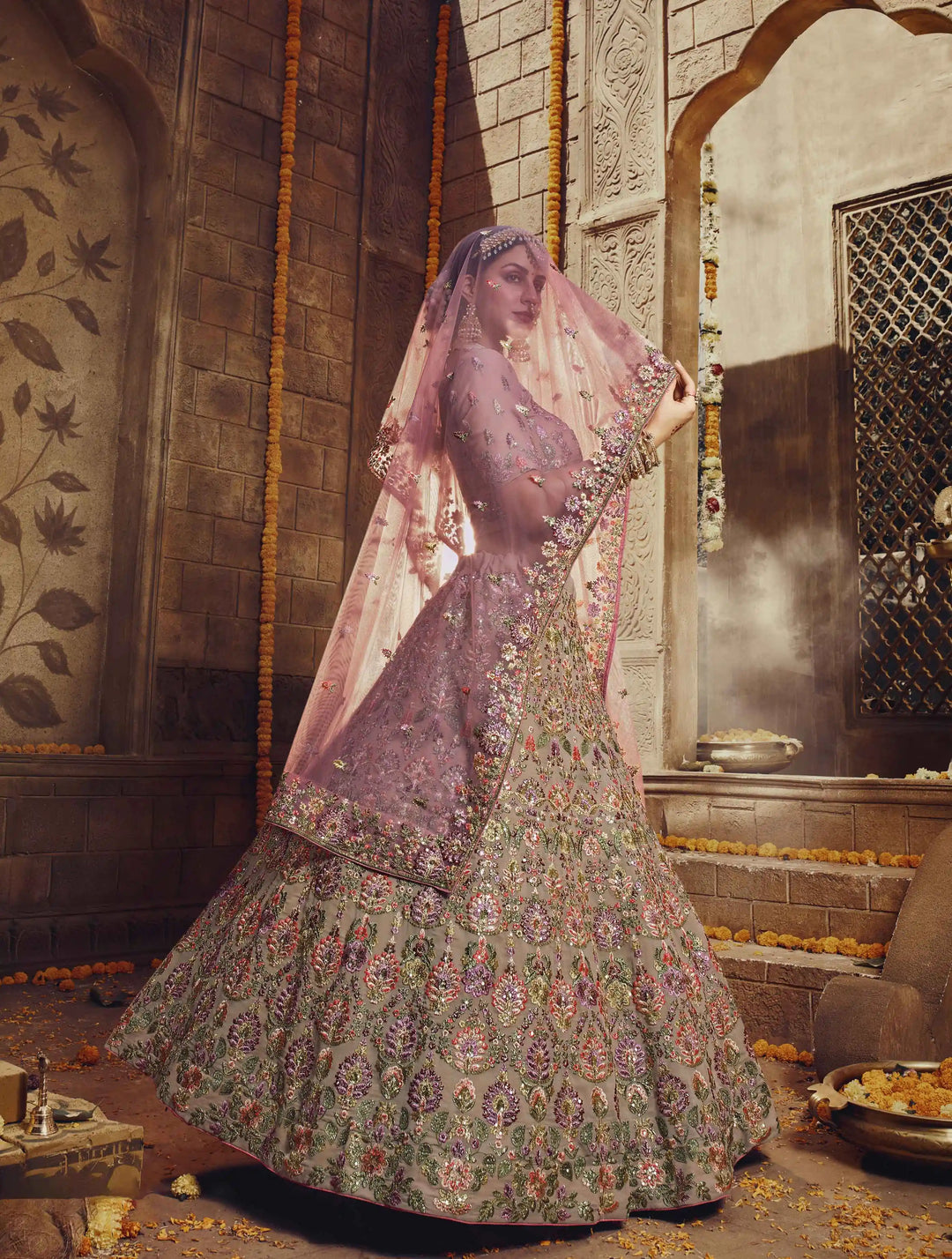 Shaadi Special Light Brown Georgette Lehenga | Embroidered with Pink Dupatta