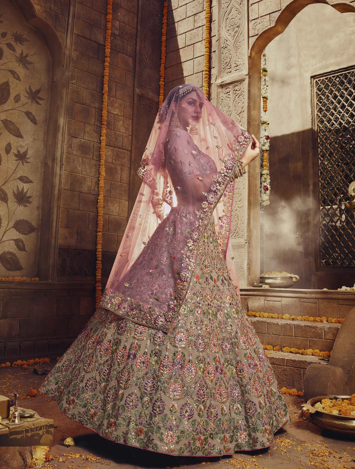 Shaadi Special Light Brown Georgette Lehenga | Embroidered with Pink Dupatta
