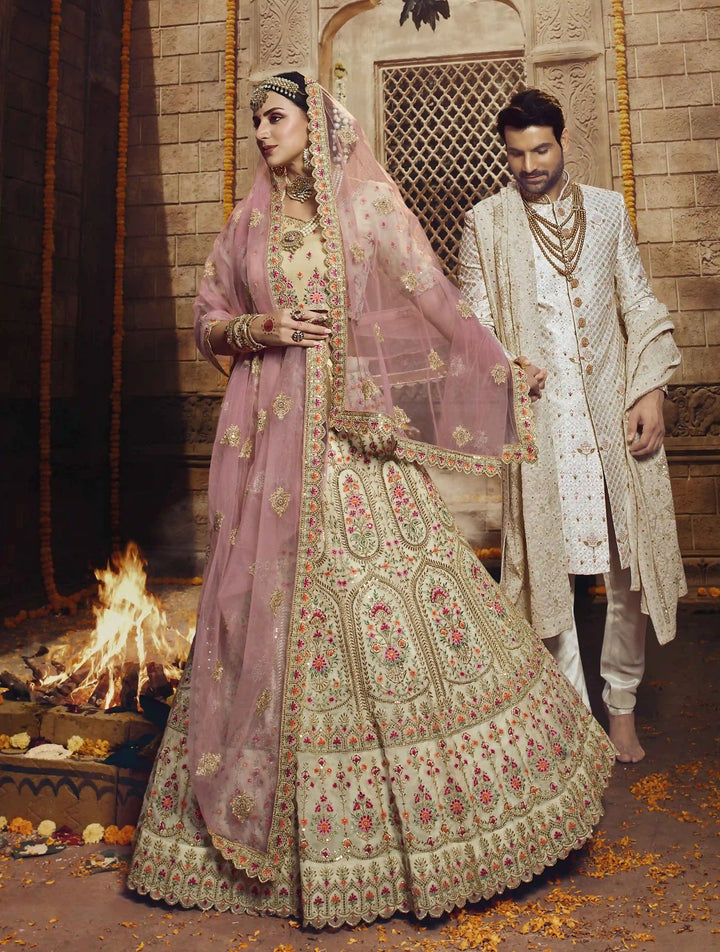 Elegant Organza Lehenga Set | Cream Lehenga with Light Beige Choli and Pink Dupatta