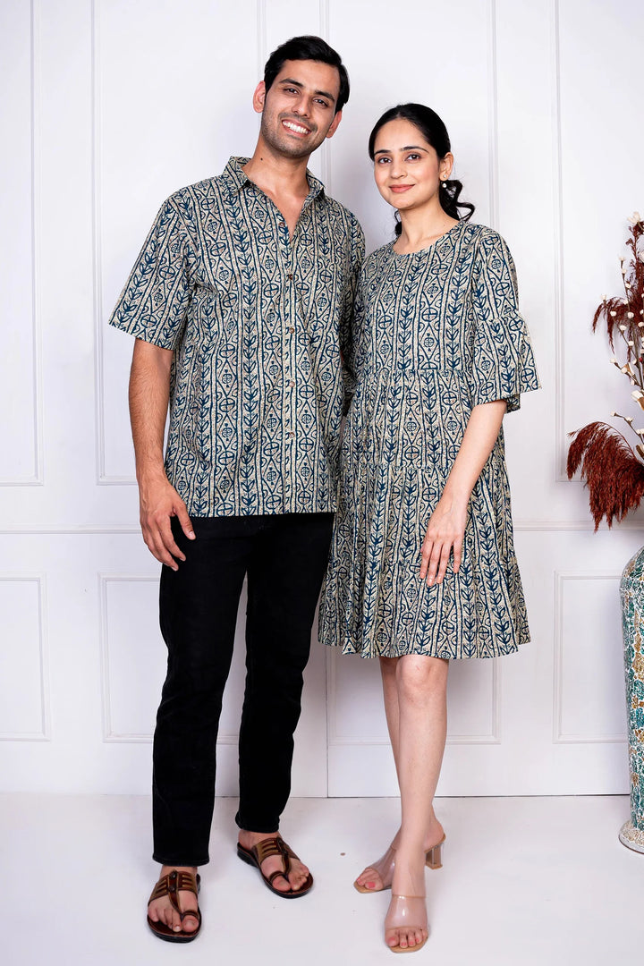 Grey And Blue Printed Dress With Matching Shirt Couple Twin Set