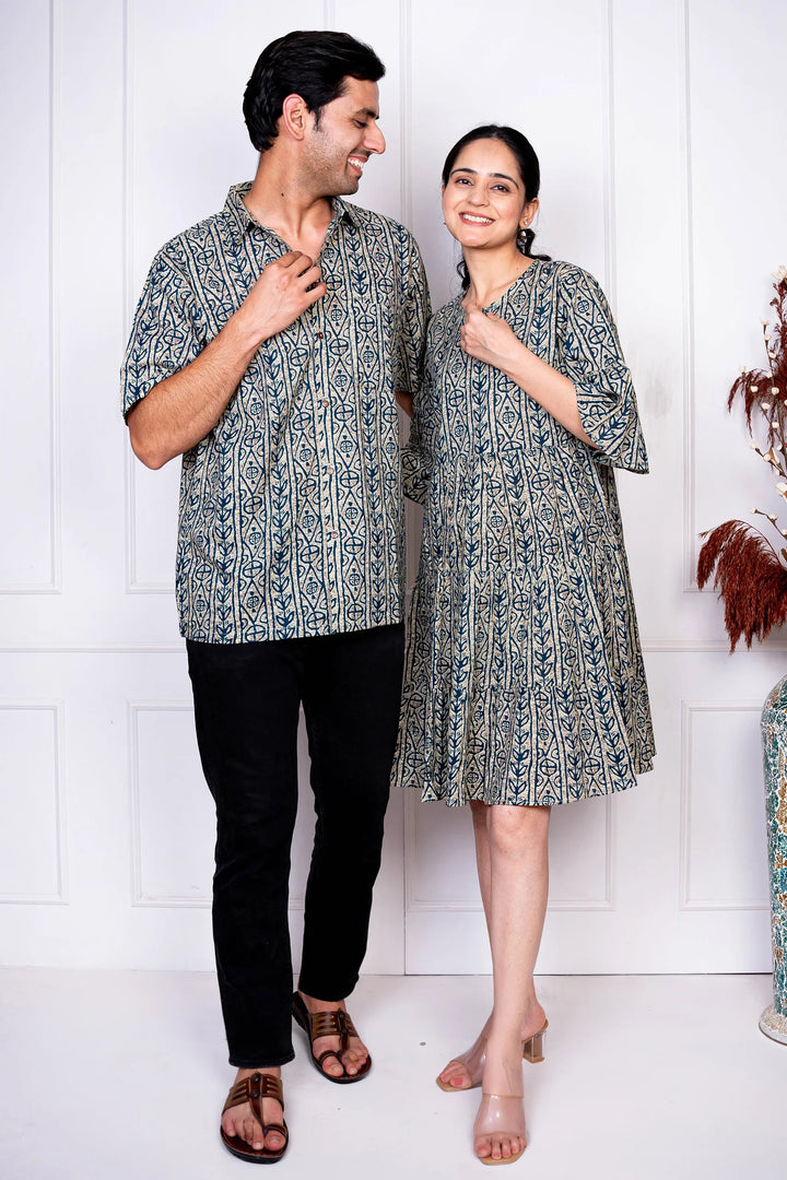 Grey And Blue Printed Dress With Matching Shirt Couple Twin Set