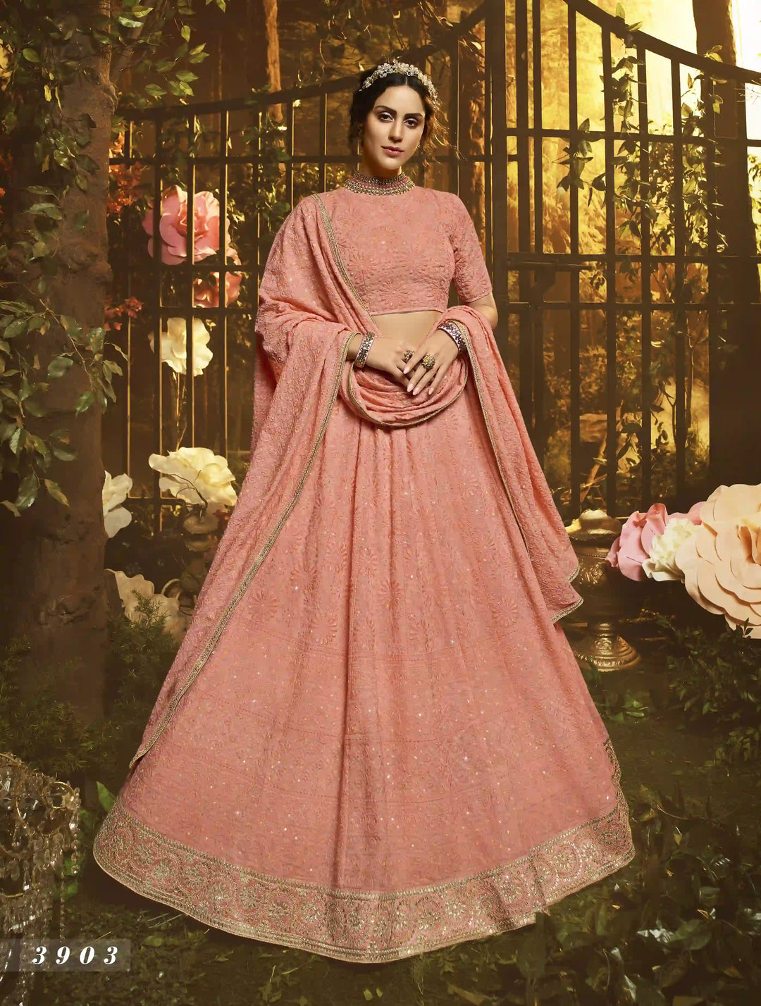 Elegant Peach Lehenga | Georgette Bridal Set with Thread & Sequin Work