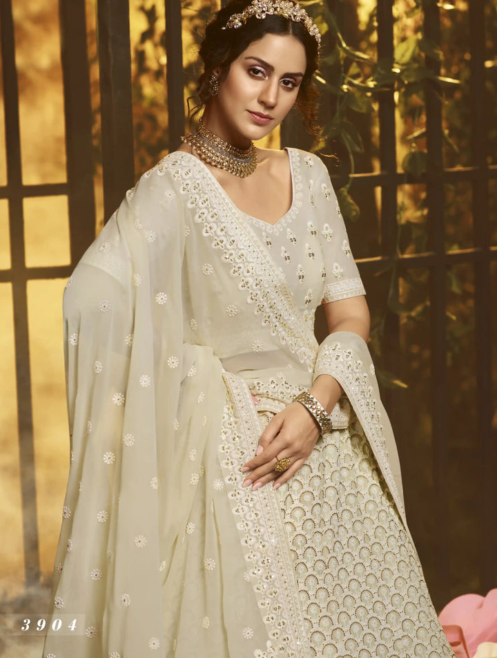 Designer White Lehenga Set | Georgette with Thread & Moti Work for Weddings