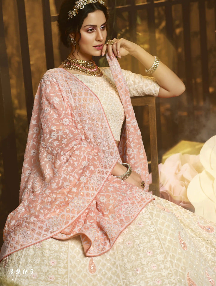 White Lehenga Choli Set | Georgette Bridal Ensemble with Sequin & Moti Work