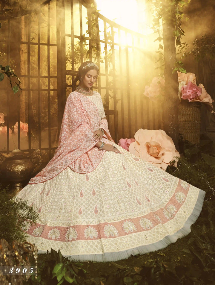 White Lehenga Choli Set | Georgette Bridal Ensemble with Sequin & Moti Work