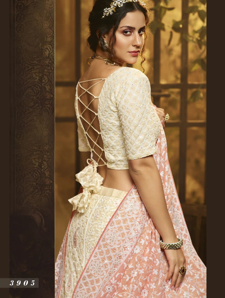 White Lehenga Choli Set | Georgette Bridal Ensemble with Sequin & Moti Work