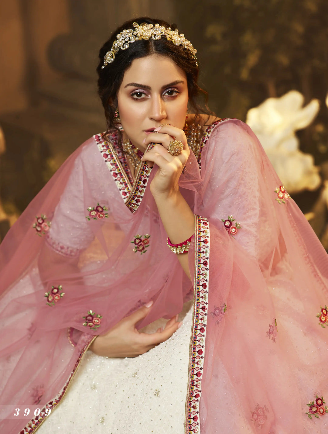 White Georgette Lehenga | Intricate Thread, Moti & Zarkan Work