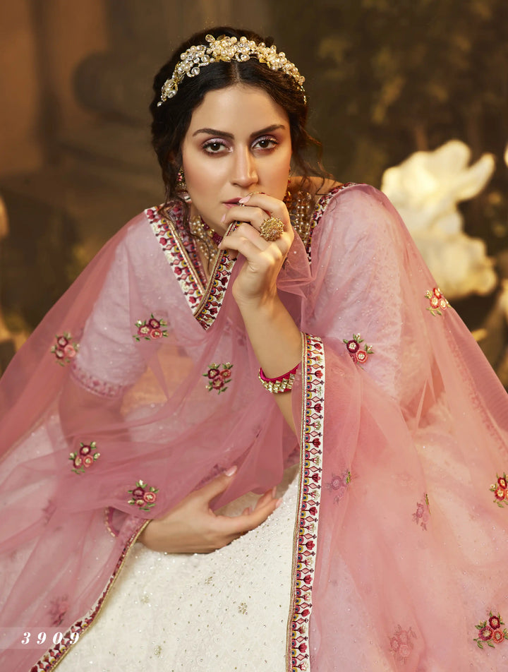 White Georgette Lehenga | Intricate Thread, Moti & Zarkan Work