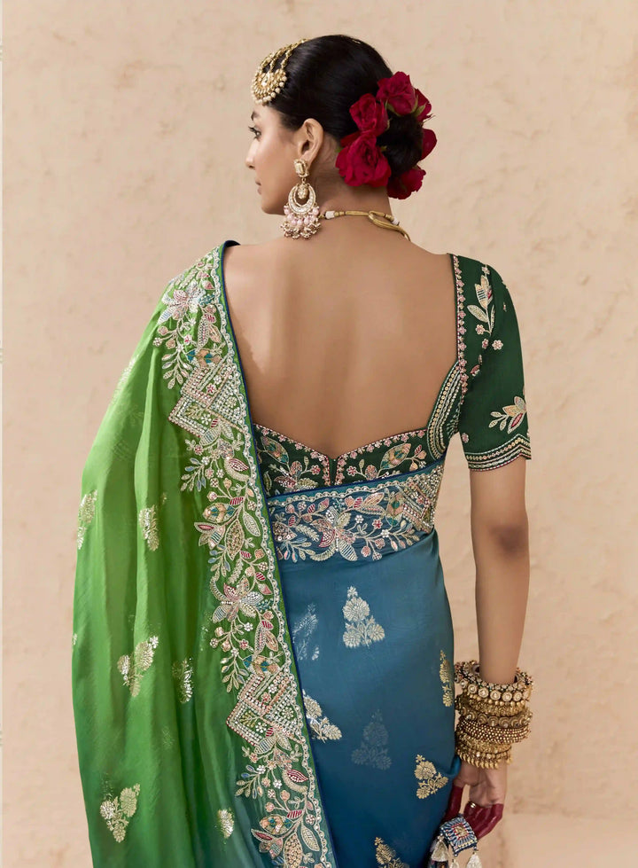 Stunning Green Saree with Khatli and Stone Detailing