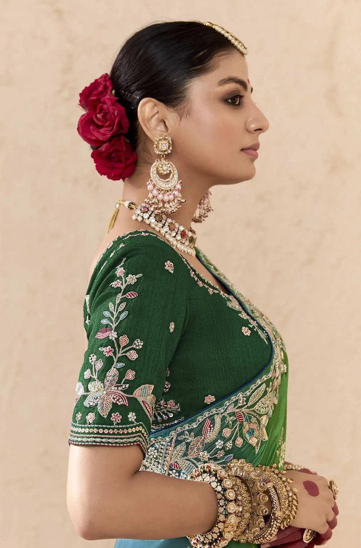 Stunning Green Saree with Khatli and Stone Detailing
