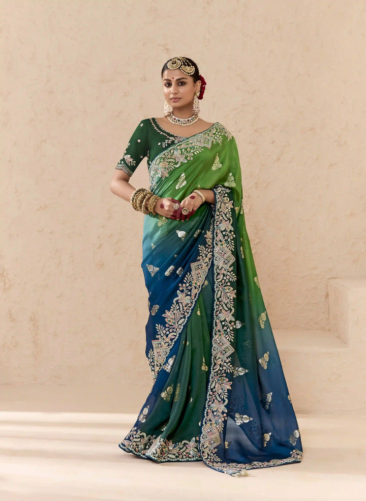Stunning Green Saree with Khatli and Stone Detailing
