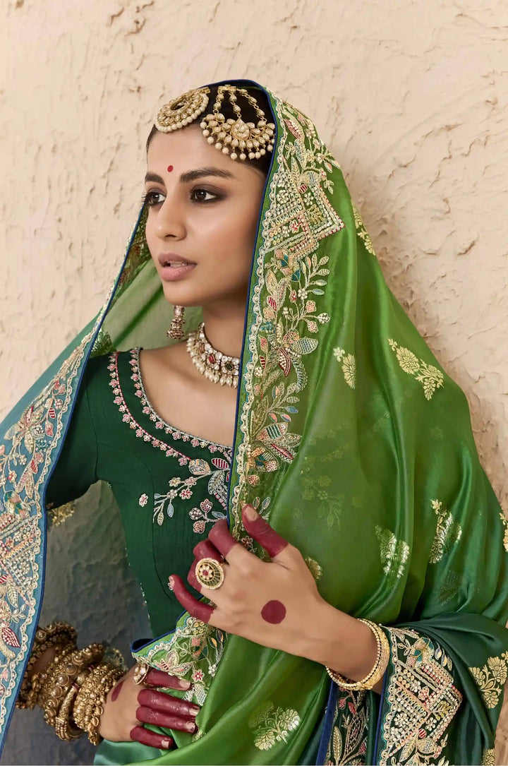 Stunning Green Saree with Khatli and Stone Detailing