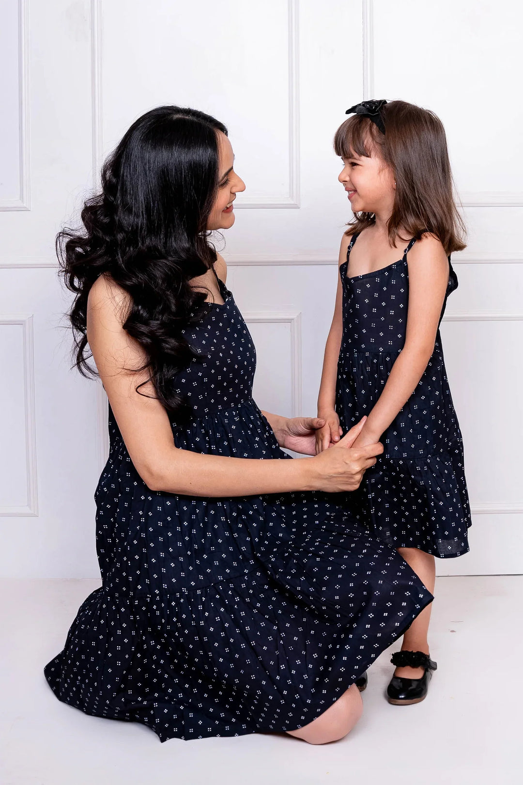 Black & white Dot Printed Dresses for Mom and Daughter